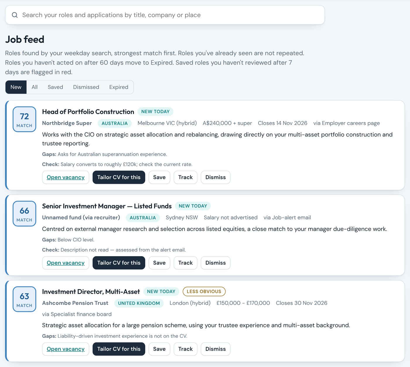 The job feed showing scored roles across Australia and the UK, with search status and criteria
