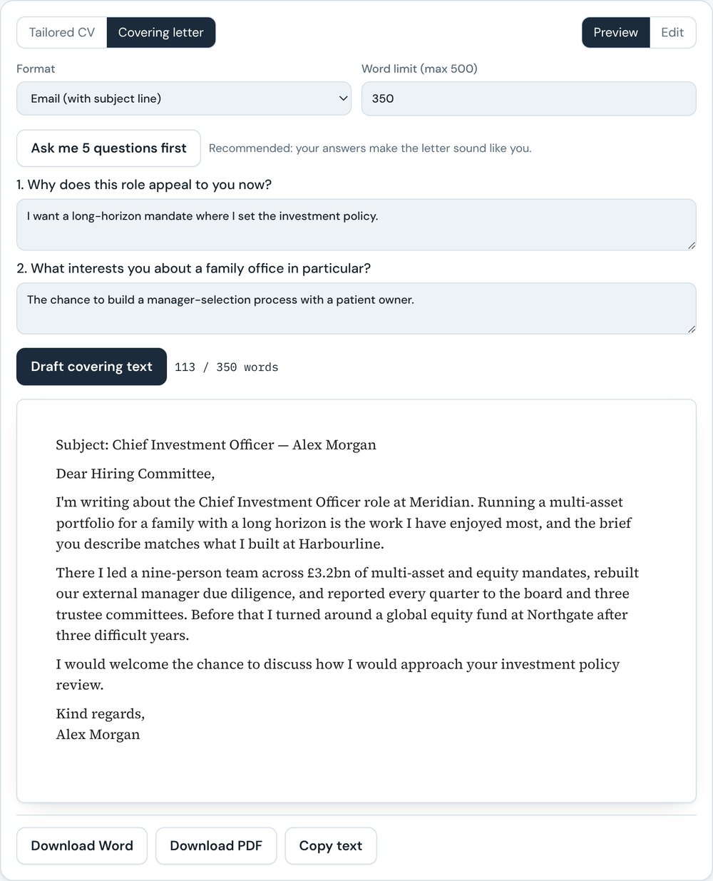 The covering letter screen with questions answered and a drafted email